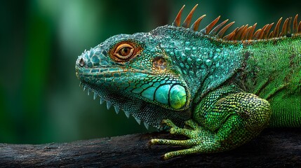 Obraz premium Green Iguana Lizard Close-up Portrait Showing Detailed Scales and Spiky Dorsal Crest 