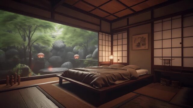 Tranquil Japanese Bedroom With Garden View And Soft Interior Lighting