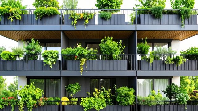 Vertical garden architecture building balconies with lush plants modern building showcasing vibrant plants on its balconies integrating nature into architecture