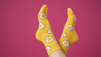 Pair of funny yellow socks with a cartoon fried egg pattern are worn on feet raised up in a playful pose against a vibrant pink studio background