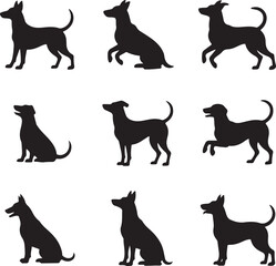 Set of nine dog silhouette vector designs on a white background