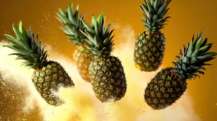 Pineapple trio against a bright yellow background striking image displays three golden pineapples vividly emerging from bright yellow backdrop - Powered by Adobe