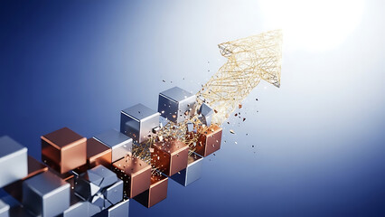 Abstract metallic cubes transforming into golden particles on a blue background