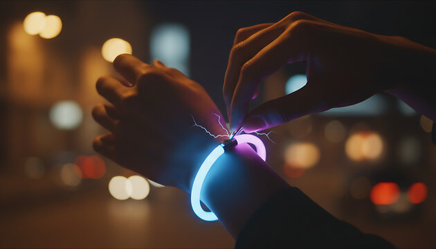 Hands interacting with futuristic device, wearable technology of the future era