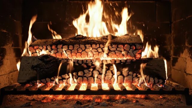 Close up of burning wood logs with bright orange flame and glowing ember inside a dark brick fireplace