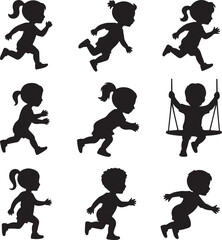 Silhouette of children playing running and swinging with different poses