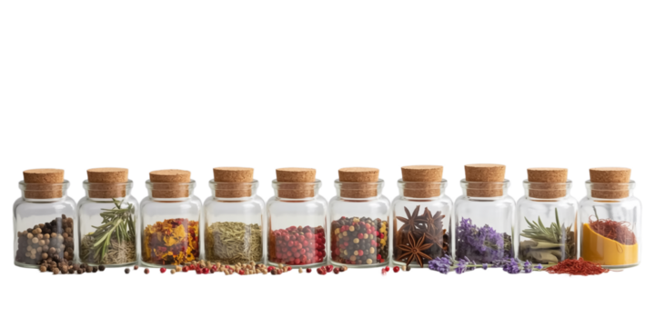 Row of ten glass spice jars with cork stoppers on white surface, colorful herbs and spices, natural textures, soft lighting, minimalist composition, aesthetically arranged, vibrant. Transparent backgr