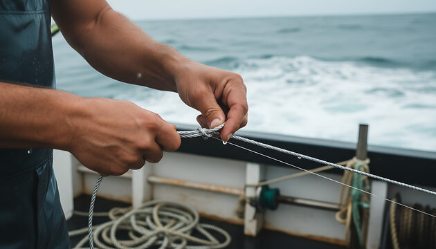 Skilled hands tying secure knot on fishing boat, demonstrating expertise at sea