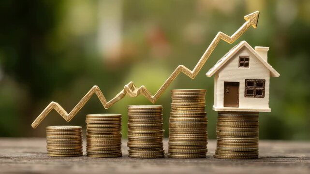 Growth in real estate investment represented by coins and a small house on a wooden table outdoors