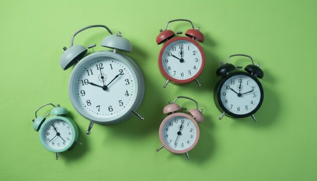 Five colorful classic twin bell alarm clocks of different sizes are scattered in a top view flat lay composition on a textured light green background, symbolizing deadlines and schedules