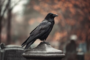 Obraz premium Raven in Autumn Cemetery Scene