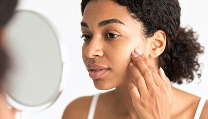 Woman examining her facial skin in a mirror checking for imperfections with her fingertips