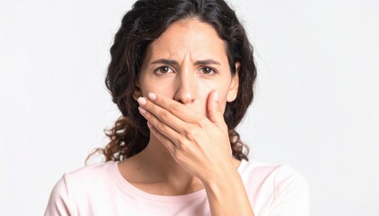 Woman covering mouth with hand showing concern and secrecy on white background