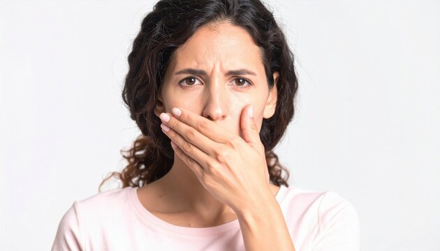 Woman covering mouth with hand showing concern and secrecy on white background