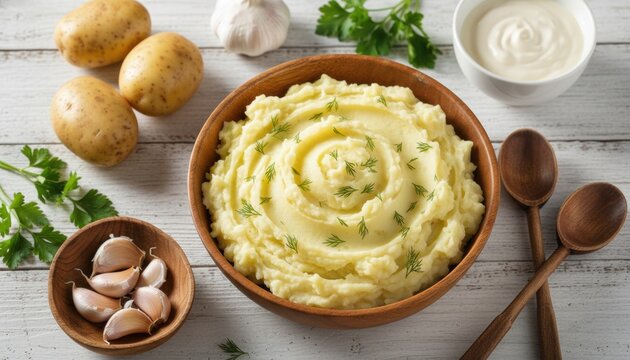 Creamy mashed potatoes in a wooden bowl garnished with fresh dill and surrounded by ingredients like garlic and parsley on a rustic white wooden table