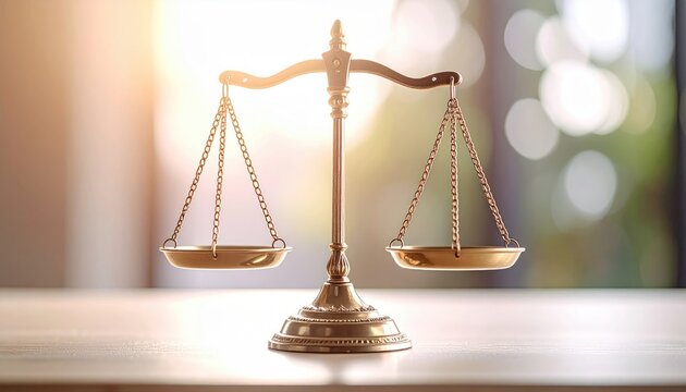 Ornate golden scales of justice with soft bokeh background and natural light