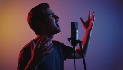 Young passionate man singing emotionally into a studio microphone with his eyes closed and hands raised in a dark room with dramatic red and blue neon lighting
