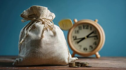 Bag of coins and a clock representing the concept of time and money management during the day - Powered by Adobe