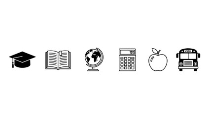 A vector illustration set of essential school and academic icons, including symbols for graduation, knowledge, and learning