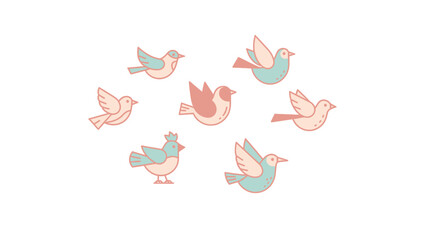 Artistic set of charming doodle birds flying. A whimsical and sweet collection of isolated avian icons in pink and blue