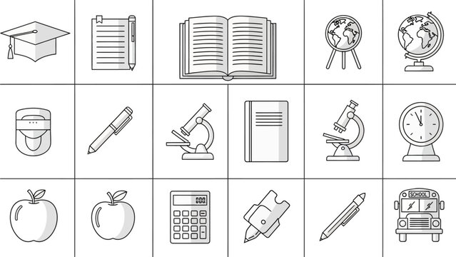 A versatile collection of monochrome line art icons representing various school supplies and educational concepts for learning and academic projects