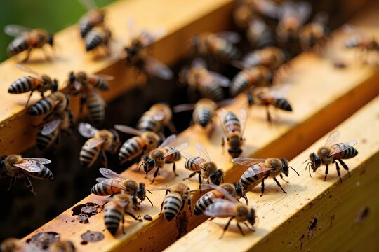 Detailed Close-up of a Beehive Teeming with Busy Bees