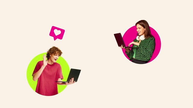 Video banner. Young man and woman with laptops connected by line and social icons. Concept of digital apps, HR teamwork, online education, client service chat, and social media campaigns.