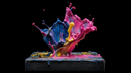 Abstract sculpture made of splashing neon acrylic paints pink, blue, yellow, creative modern art, dynamic movement, vibrant color, black background