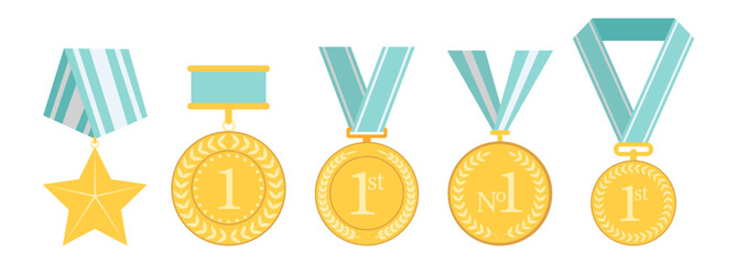 Medal award collection, winner champion icons, victory star badges, sport achievement symbols, prize ribbon wreath set, classic honor design illustration on transparent background