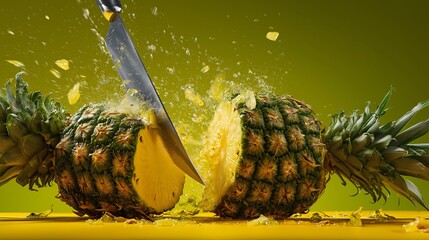 Action shot of whole pineapple being sliced in half mid air, juicy yellow fruit, sharp knife, vibrant splash, tropical freshness, dramatic motion, green leaves