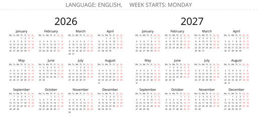 2026 and 2027 english simple annual calendars. year illustration. Week starts monday