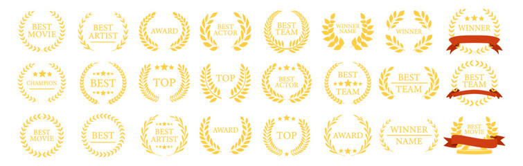 Laurel wreath award collection, winner and best champion badges, classic victory symbols, premium achievement emblems, movie artist actor team design set illustration on transparent background