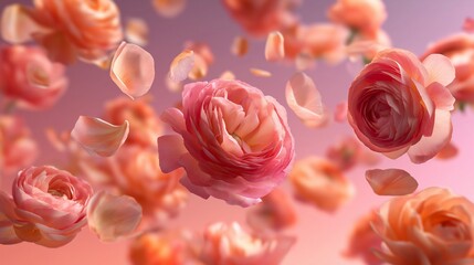 Soft pink and peach ranunculus flower petals float gently in air, creating dreamy, romantic, and ethereal atmosphere with delicate textures and vibrant colors