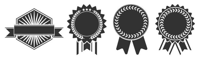 Medal award badge collection, classic victory wreath emblems with stars and ribbons, premium gold seal design set illustration on transparent background