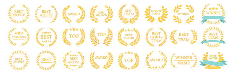 Award winner wreath collection, best champion labels with laurels, classic cinema and film emblem design set with stars and branches illustration on transparent background © Pavlo
