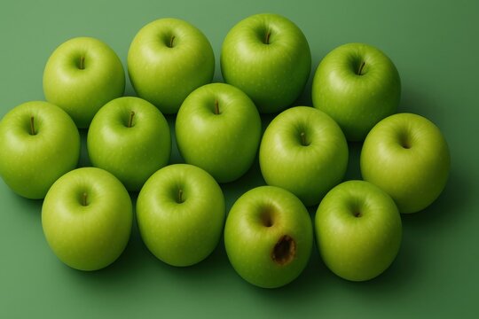 Healthy Green Apples Arranged Neatly Plus One With a Minor Flaw