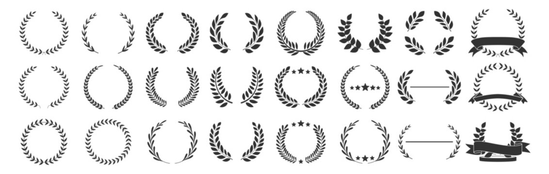 Laurel wreath award collection, classic victory frames with stars and branches, premium selection emblem design set illustration on transparent background