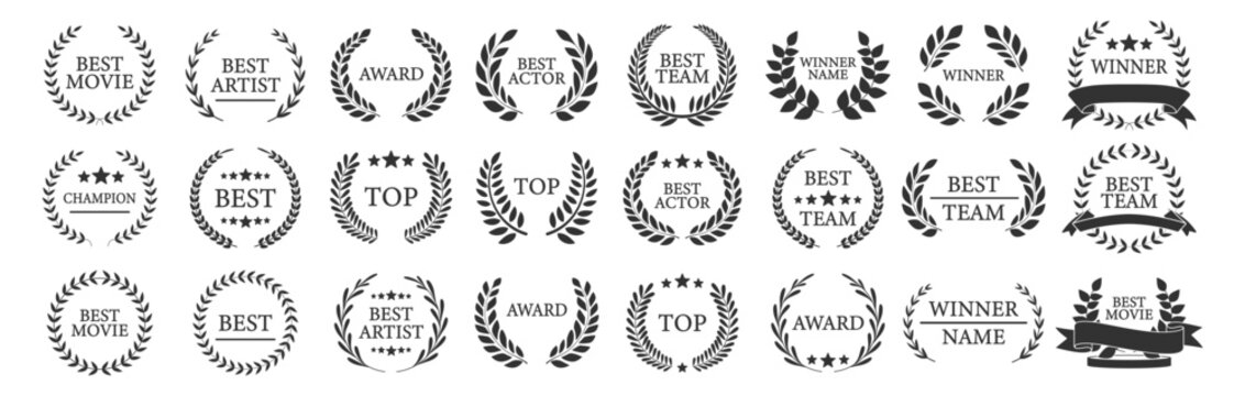 Award winner wreath collection, best champion labels with laurels, classic cinema and film emblem design set with stars and branches illustration on transparent background