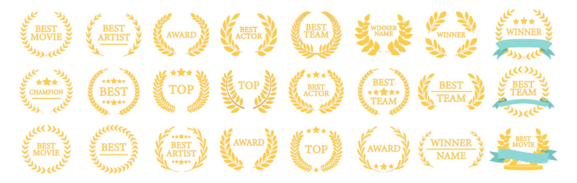 Award winner wreath collection, best champion labels with laurels, classic cinema and film emblem design set with stars and branches illustration on transparent background