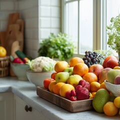 Fresh fruit and vegetable arrangement in bright kitchen natural light healthy food colorful produce cozy atmosphere morning home interior inviting mood