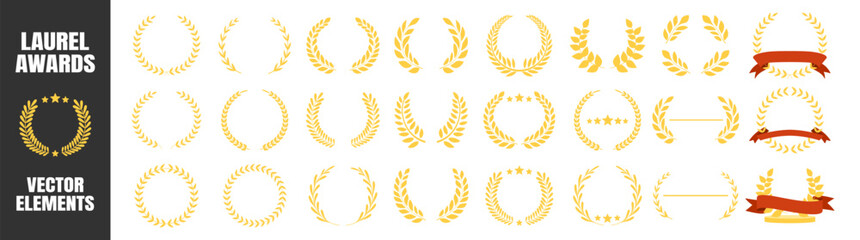 Laurel wreath collection, classic award frames and victory symbols, premium champion elements with stars and branches, elegant decorative design set illustration on transparent background