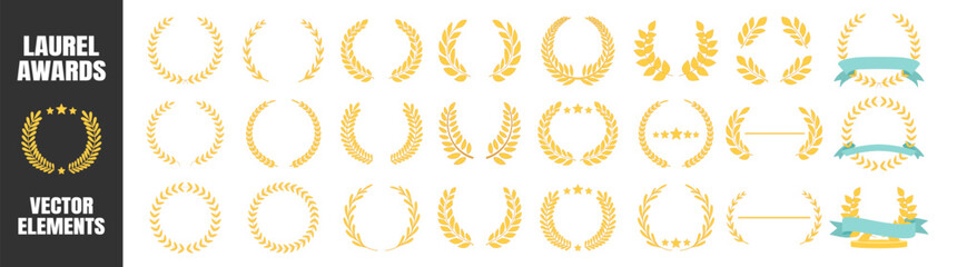 Laurel wreath award collection, classic victory frames with stars and branches, premium selection emblem design set illustration on transparent background © Pavlo