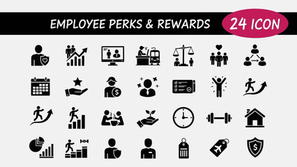 Comprehensive collection of modern employee benefits and rewards icons, representing corporate growth, human resources, staff recognition, and workplace development strategies in a clear visual format