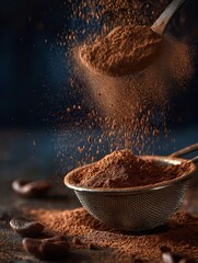 Macro freeze motion of dark cocoa powder being sifted onto metal strainer, creating dramatic, textured, and moody atmosphere with rich brown tones
