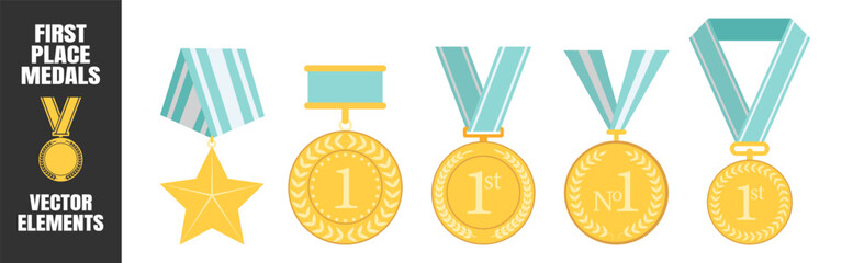 Medal award collection, gold winner symbols with laurels and star badges, champion victory prize set, classic sport achievement design illustration on transparent background