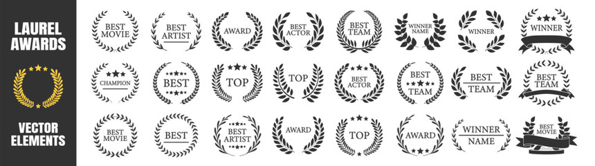 Award winner wreath collection, best champion labels with laurels, classic cinema and film emblem design set with stars and branches illustration on transparent background