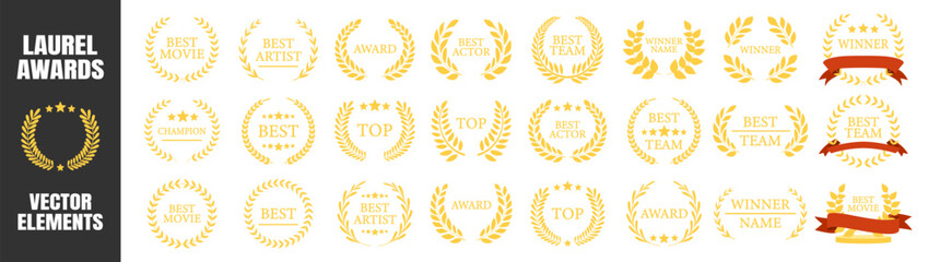 Laurel wreath award collection, winner and best champion badges, classic victory symbols, premium achievement emblems, movie artist actor team design set illustration on transparent background