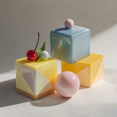 Geometric cakes pastel color cube shape glossy surface cherry dessert modern food photography artistic minimalistic elegant creative presentation sweet treat joyful