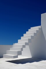 Minimalist white marble steps floating staircase modern architecture outdoor geometric design clean lines bright sunlight blue sky serene atmosphere