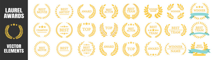 Award winner wreath collection, best champion labels with laurels, classic cinema and film emblem design set with stars and branches illustration on transparent background